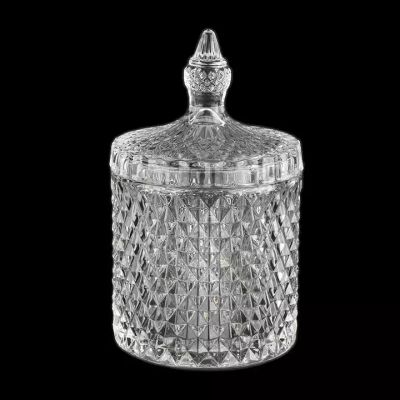 Newly design 550ml diamond effect glass candle jar with handle lids for home deco