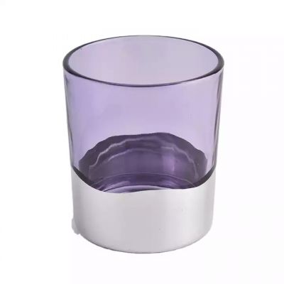 Purple transparent glass candle container with electroplated bottom