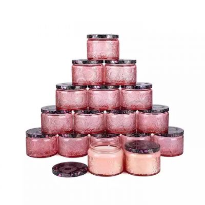 hot selling vintage pink color empty embossed glass candle jars with metal lid