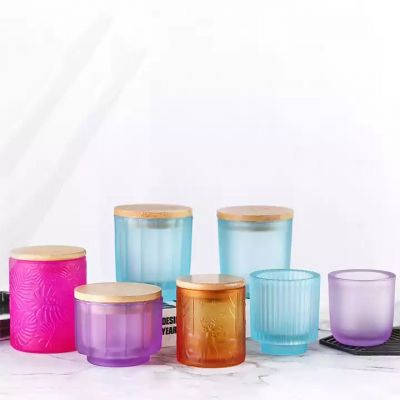 Wholesale Custom Sprayed Colors Luxury Unique Embossed Glass Candle Jars With Bamboo Lid