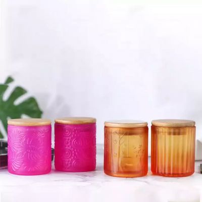 Wholesale elegant embossed custom sprayed color 200ml glass candle jar holder with bamboo lid