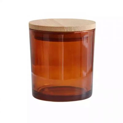 Custom Wholesale Decorative Gift Amber Recycled Glass Candle Jar With Wooden Lids