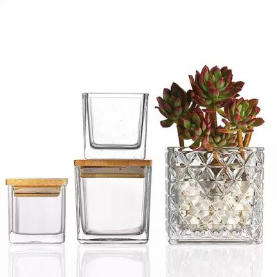 Custom Logo Square Glossy Christmas Candle Cups Container Glass Candle Jars with Bamboo Lid for Household Decoration