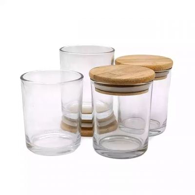 200ml Pillar shape transparent clear glass candle tumbler with bamboo lid for making scented candles