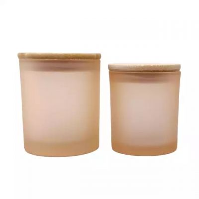 Manufacturer of wholesale champagne colored frosted craft glass candle jars with wooden lids can be used for wedding deco
