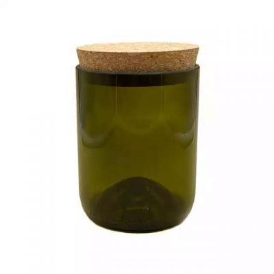 Factory wholesale 10oz empty green geo cut wine bottle glass candle jars with cork lid for home decoration