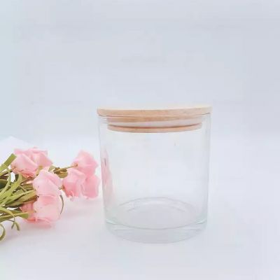 Cheap 10X10cm Cylinder Glass candle jar with Wood Lid Wholesale