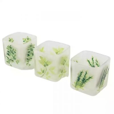 Fresh 5CM green plant printing square glass candle holder romantic home candlelight mini glass candle jar