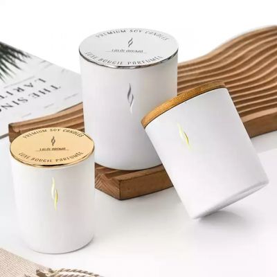 Matte white glass candle jar round scented cement wax making glass candle holder with wooden lid and box
