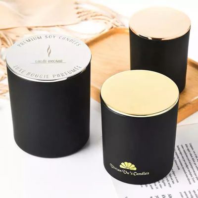 Economical matte black 200ml 320ml 430ml simple style glass candle jar with customized logo and metal lid
