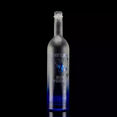 China Factory Wholesale Design Frosted Vodka Decal Blue Gradient Color Super Flint Glass 700ml750ml Vodka Glass Spirit Bottle