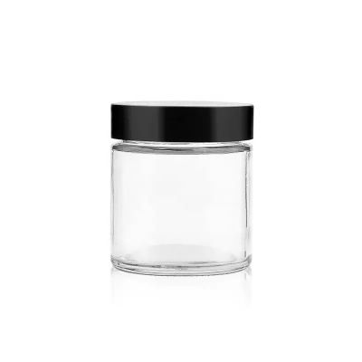 wholesale 60ml 2oz round shape transparent clear childproof glass packaging with black CR Lid