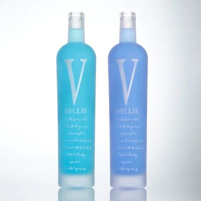 Custom LOGO Label 750 ml 75 cl Frosted Blue V-shaped Wine Glass Bottle Fancy Empty Thin High Glass Vodka Bottles