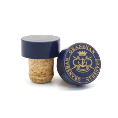 Custom T-shaped gold, silver, blue and red plastic wine caps with synthetic corks are made in China