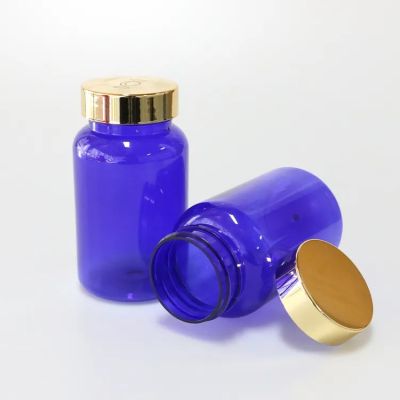 Pet Wholesale Custom 120ml 150ml 200ml Blue Pill Capsules Packing Plastic Bottles With Gold Aluminium Cap