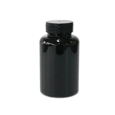 300ml black pet plastic bottles customized vitamin pills round shape bottle healthcare tablets container with silvery cap