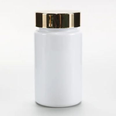 150cc Hdpe Plastic Pharmacy Healthy White Vitamins Supplement Capsule Pill Bottles With Golden Cap