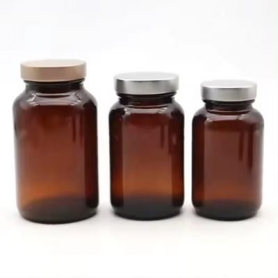 60 75 100 120 150 200 250 300 400 500 ml wide mouth amber Glass capsules tablet Pill Bottle With Silver aluminium Screw Cap