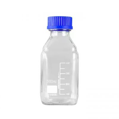 500 mL Graduated Square Reagent Media/Storage Glass Bottle With Blue Polypropylene Screw Cap