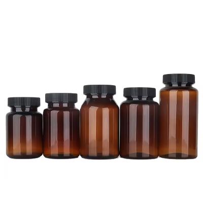 high quality 60ml-500ml round amber wide mouth neck openning empty plastic pill bottle 200ml bottle for capsules with lid
