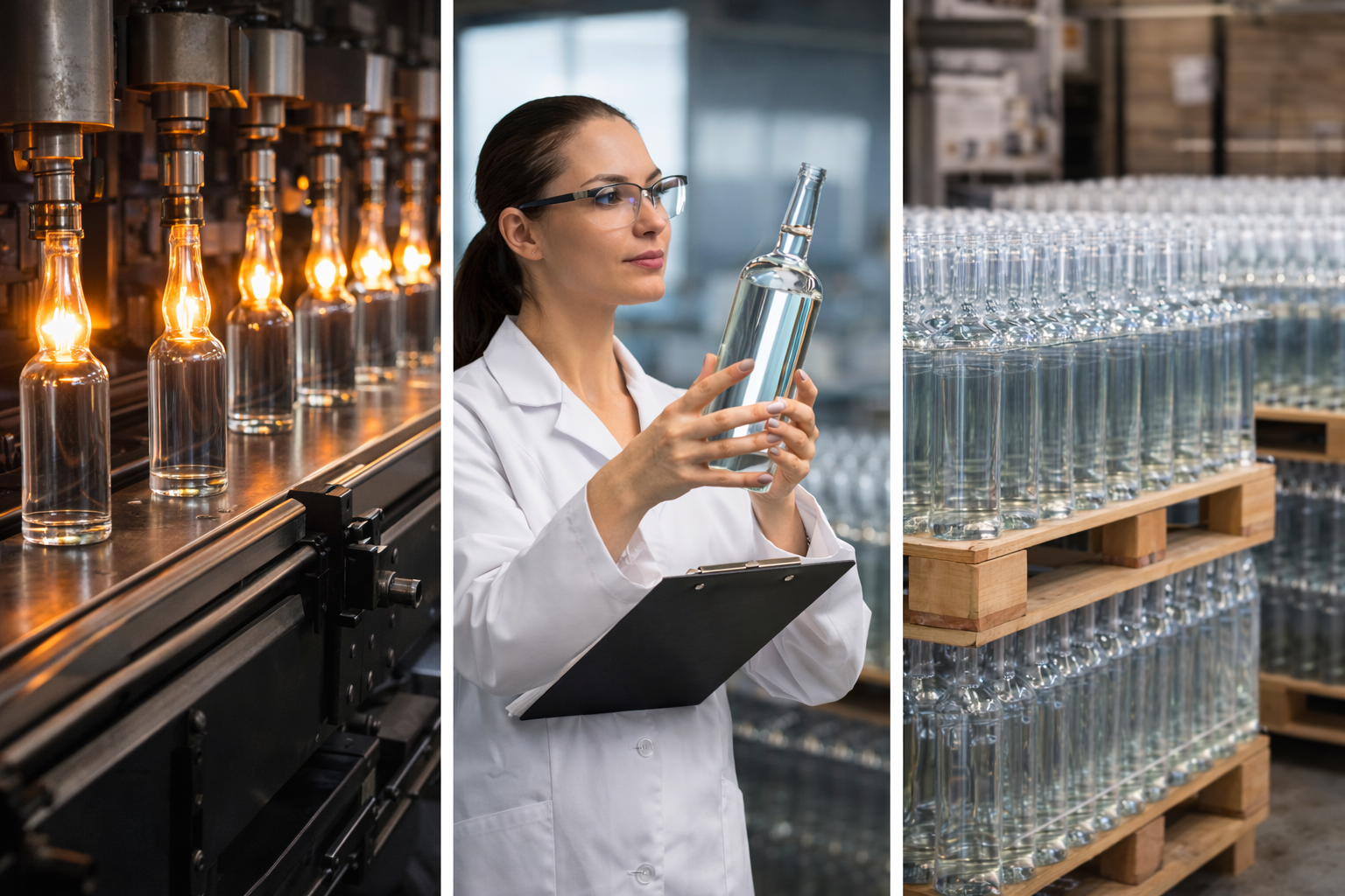 Glass Spirits bottle Factory production line, quality inspection process, or palletized warehouse storage