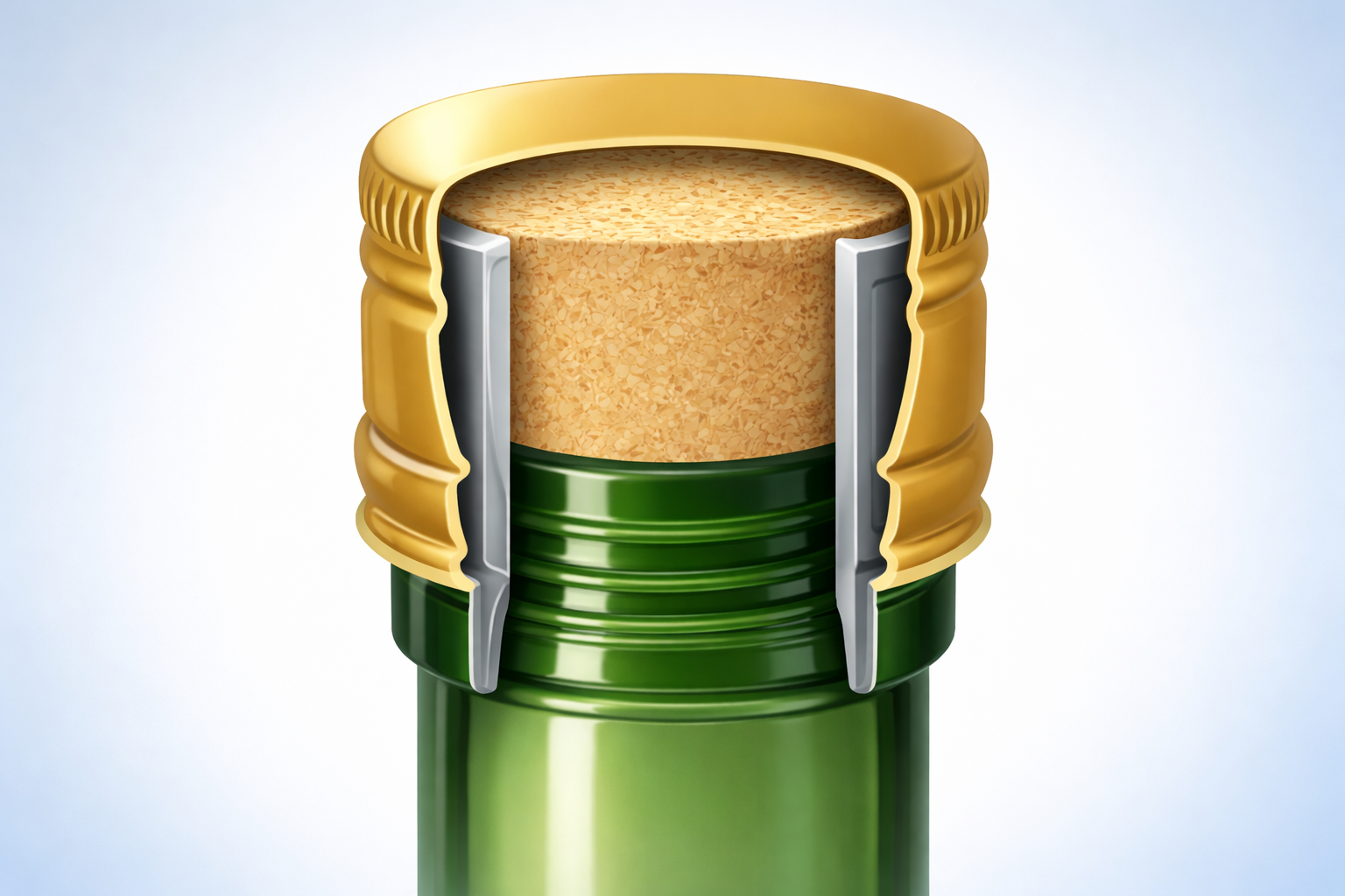 Cross-section illustration of bottle cap liner and bottle neck interface.