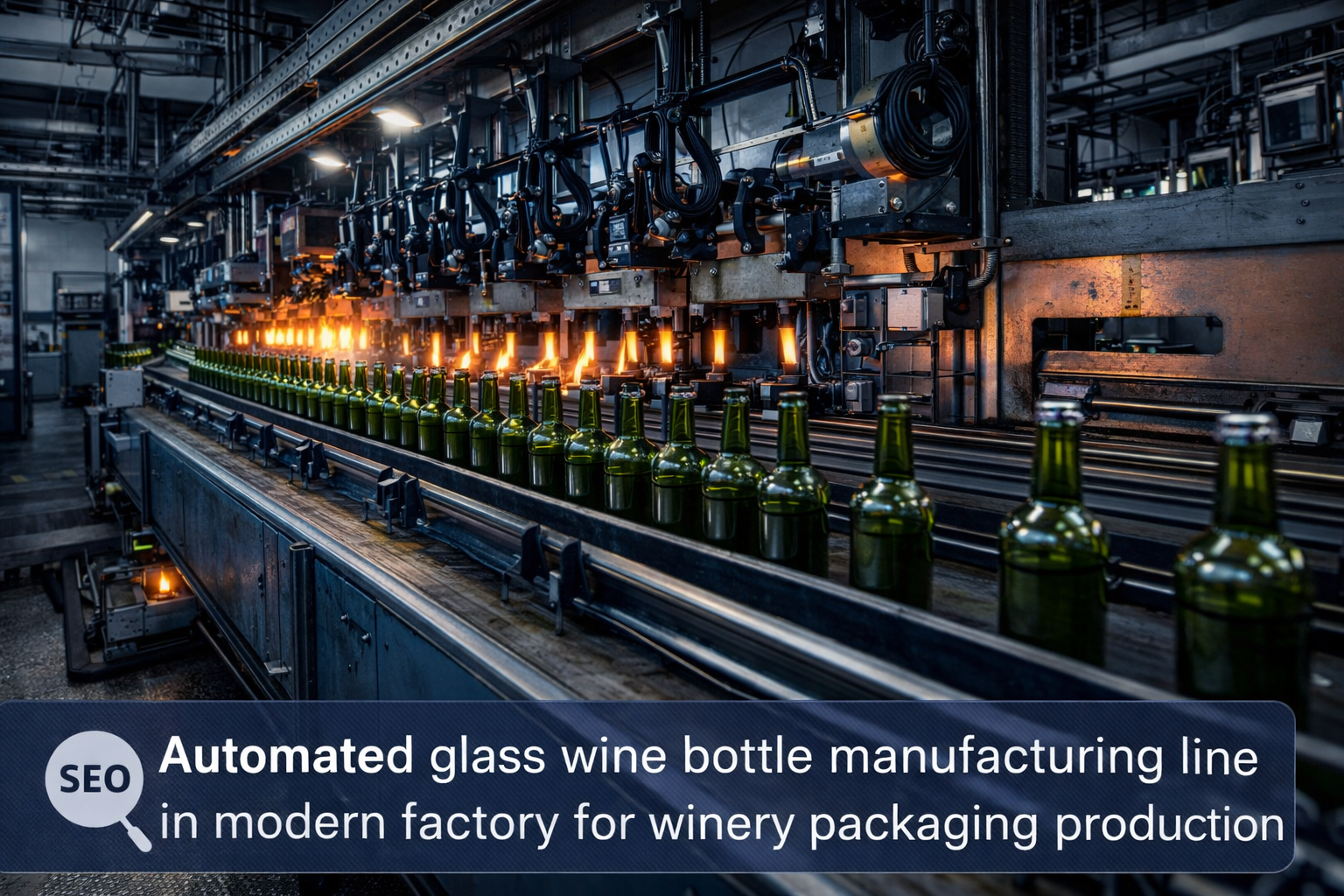 automated glass wine bottle manufacturing line in modern factory for winery packaging production