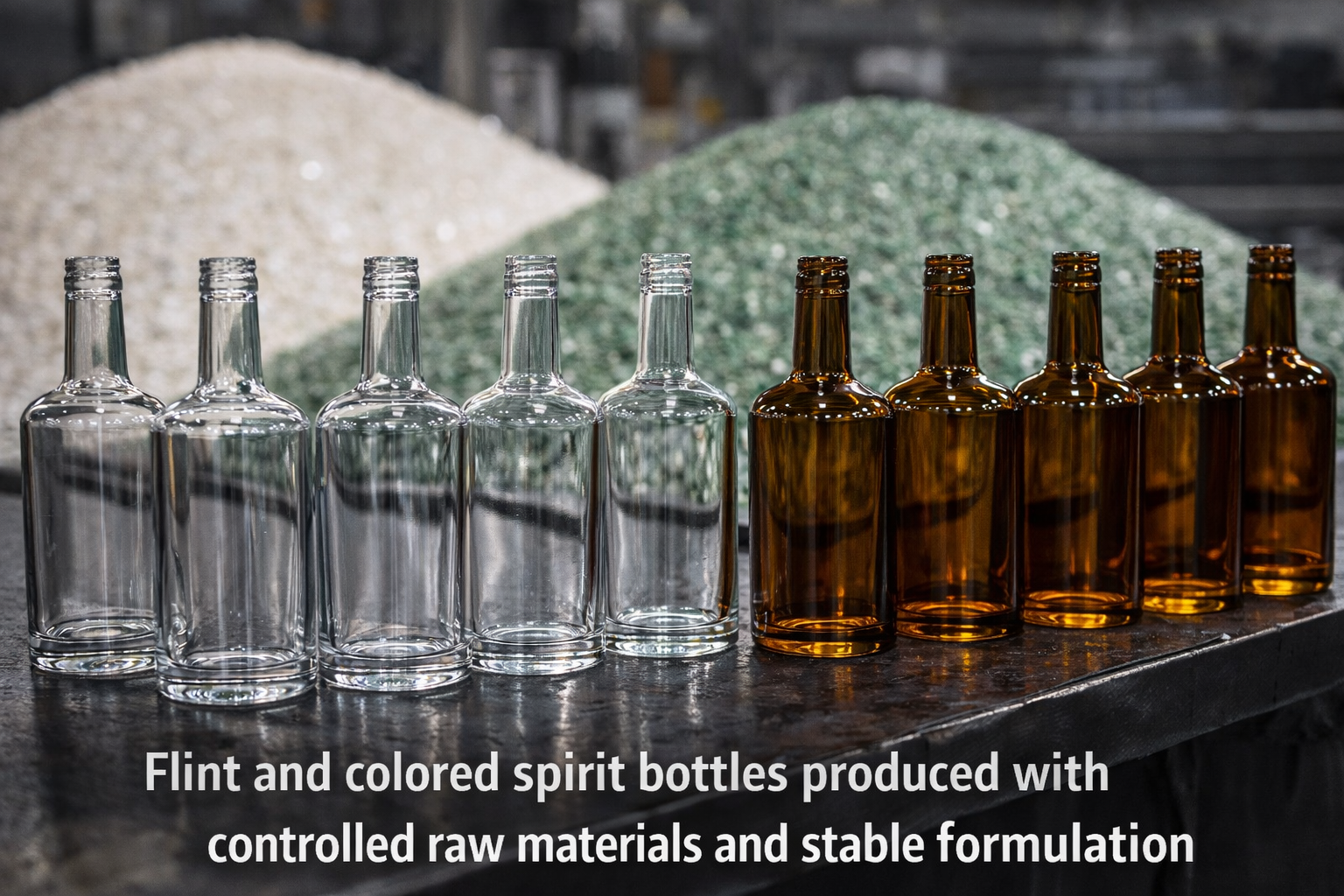 Flint and colored spirit bottles produced with controlled raw materials and stable formulation