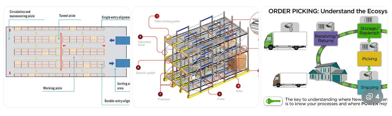 industrial glass bottle warehouse storage system layout showing pallet zones and logistics flow