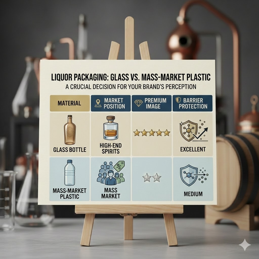 Colors Glass high-end liquor packaging comparison: glass vs plastic chart, premium spirits branding