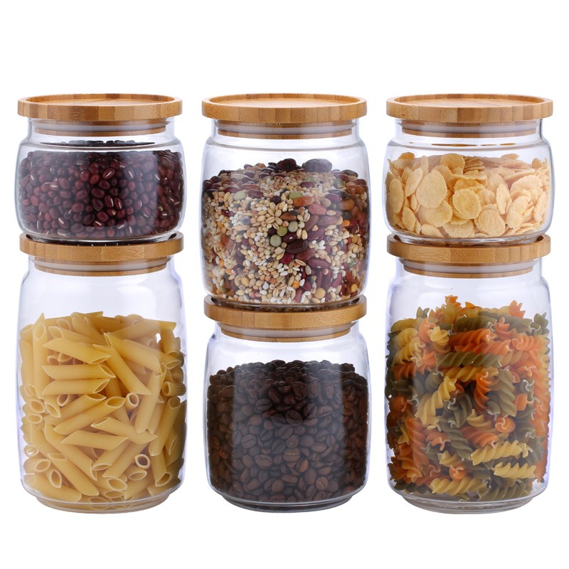 6 Pcs Food Storage Borosilicate Stackable Glass Jar With Bamboo Lid High Quality Glass Jar