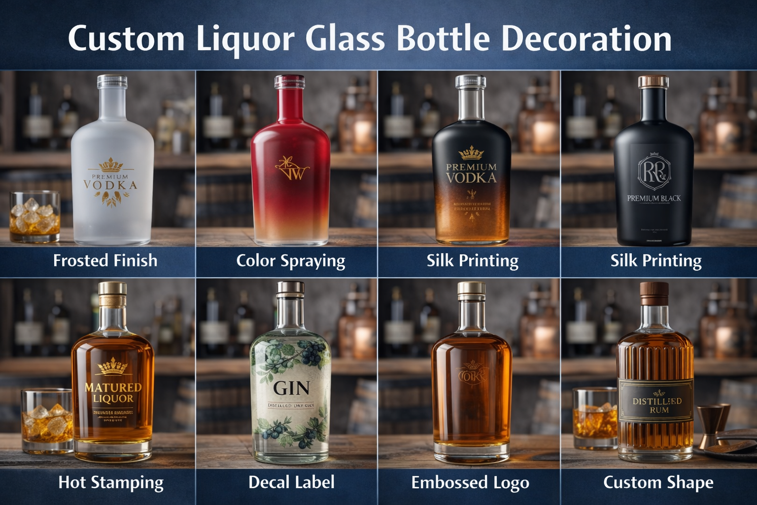 custom liquor glass bottle decoration frosting spraying printing embossing