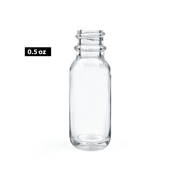 1/2 Ounce 15ml clear boston round glass bottles with black poly seal cone cap
