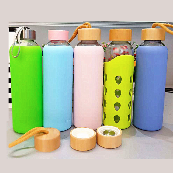 Recycled Sport Glass water bottle With Colorful Silicone Sleeve, High