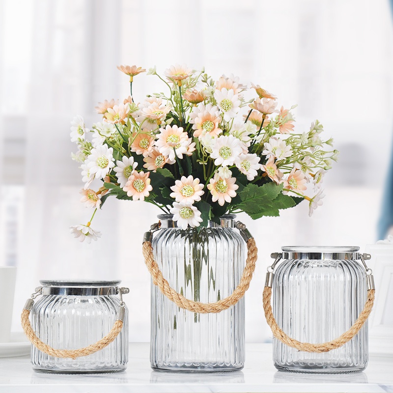 Glass Ribbed Cylinder Vase glass jar with Rope Handle, High Quality ...