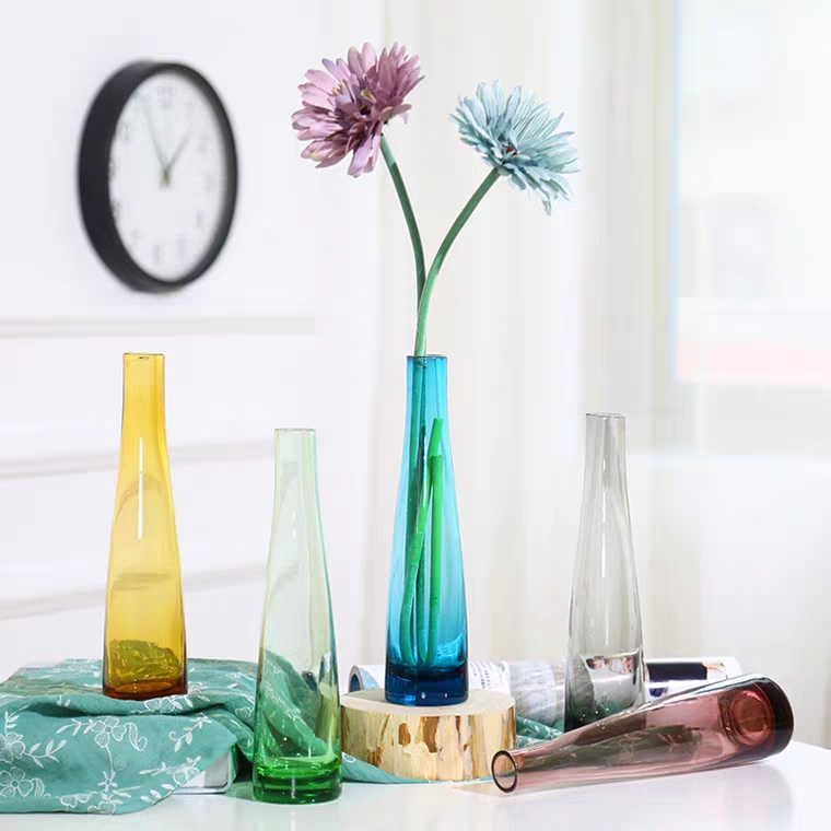 Modern Colored Desktop Vase Tall Type Transparent Glass Vase, High Quality cheap tall glass