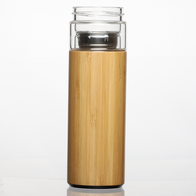 bamboo borosilicate glass bottle with tea infuser, High Quality glass