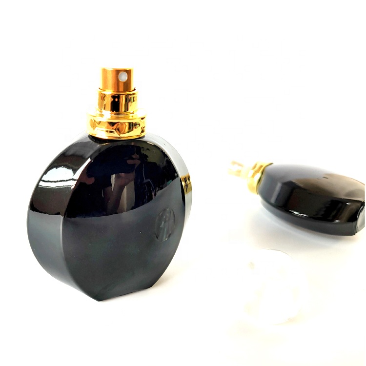 New Shaped Black Flat Round Perfume Bottle Glass 30ml With Gold Mist ...