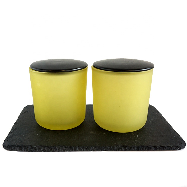 wholesale luxury frosted yellow candle jar 8oz candle tumbler with black porcelain lids, High