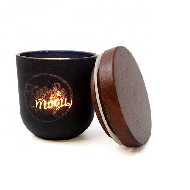 Customized 65ml Black Matte Frosted Glass Candle Holder Jar With Wood
