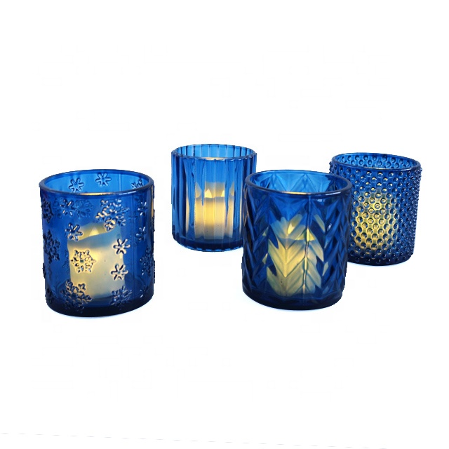 9-Piece Blue Votive Candle Holders - Assorted Size Ribbed Glass Tea Light Holders