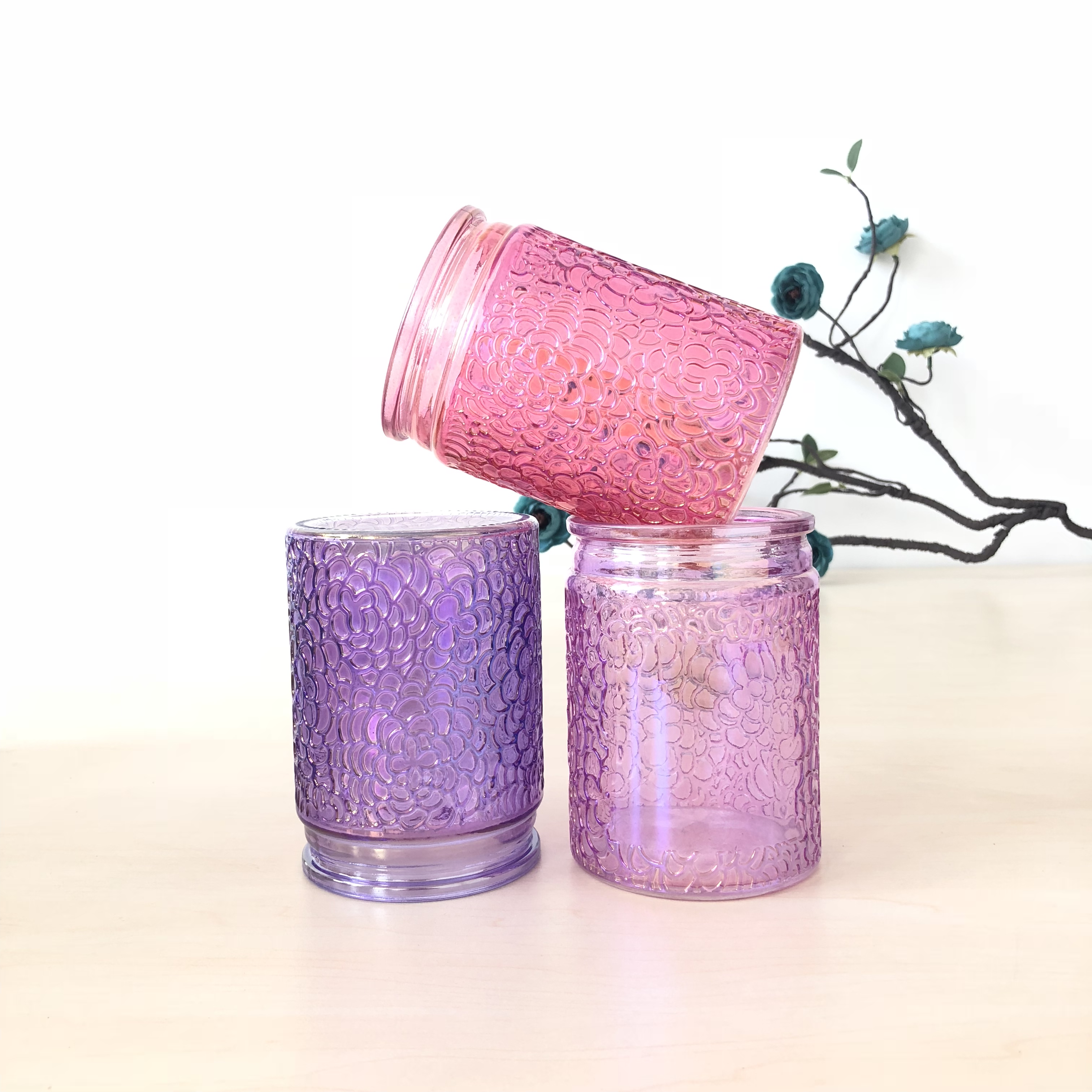 Iridescent Pink Glass Candle Jars For Wedding Decoration High Quality
