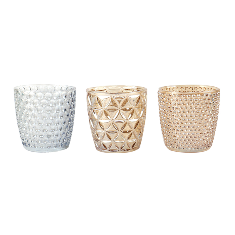 Set of three pcs 300ml empty glass candle holder with different relief patterns