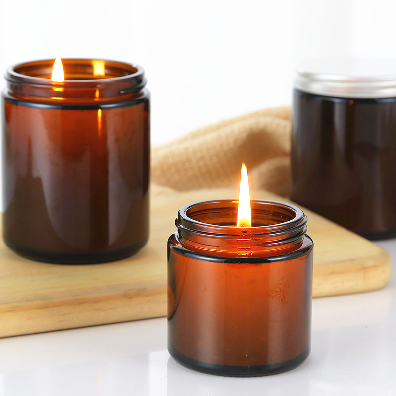 Wholesale Custom 250ml 8oz Empty Amber Candle Glass Jar With Metal Lid 