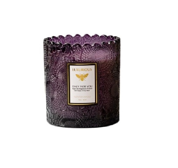 Custom Labels 8 oz Cylindrical Round Embossed Color Glass Candle Jar With Lids In Bulk