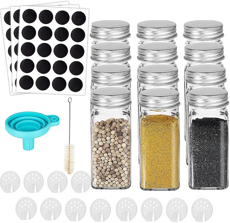 Glass Spice Jars with Labels,4oz Empty Square Spice Bottles condiment containers with Shaker Lids, Airtight Metal Caps and Silicone Collapsible Funnel