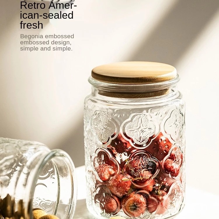 Glass Sealed Can Vintage Begonia Pattern Dried Fruit Snack Nut Storage Jar Creative Decoration Large