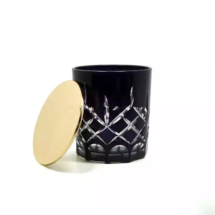 Luxury glass candle holder unique candle jar with gold lid matte black candle jar many sizes