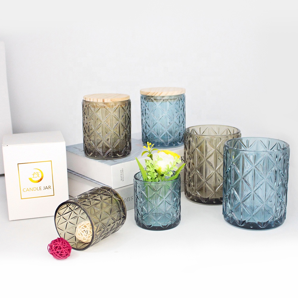 6 oz 11 oz 20 oz translucent classic embossed mosaic navy bule brown glass candle jars with lid for candle making