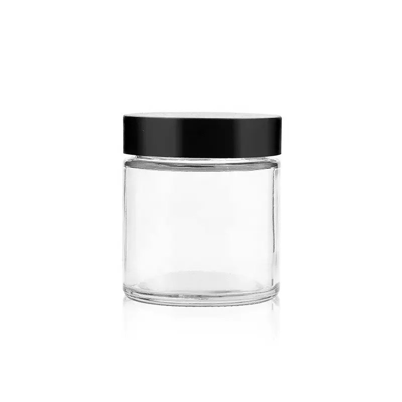 wholesale 60ml 2oz round shape transparent clear childproof glass packaging with black CR Lid